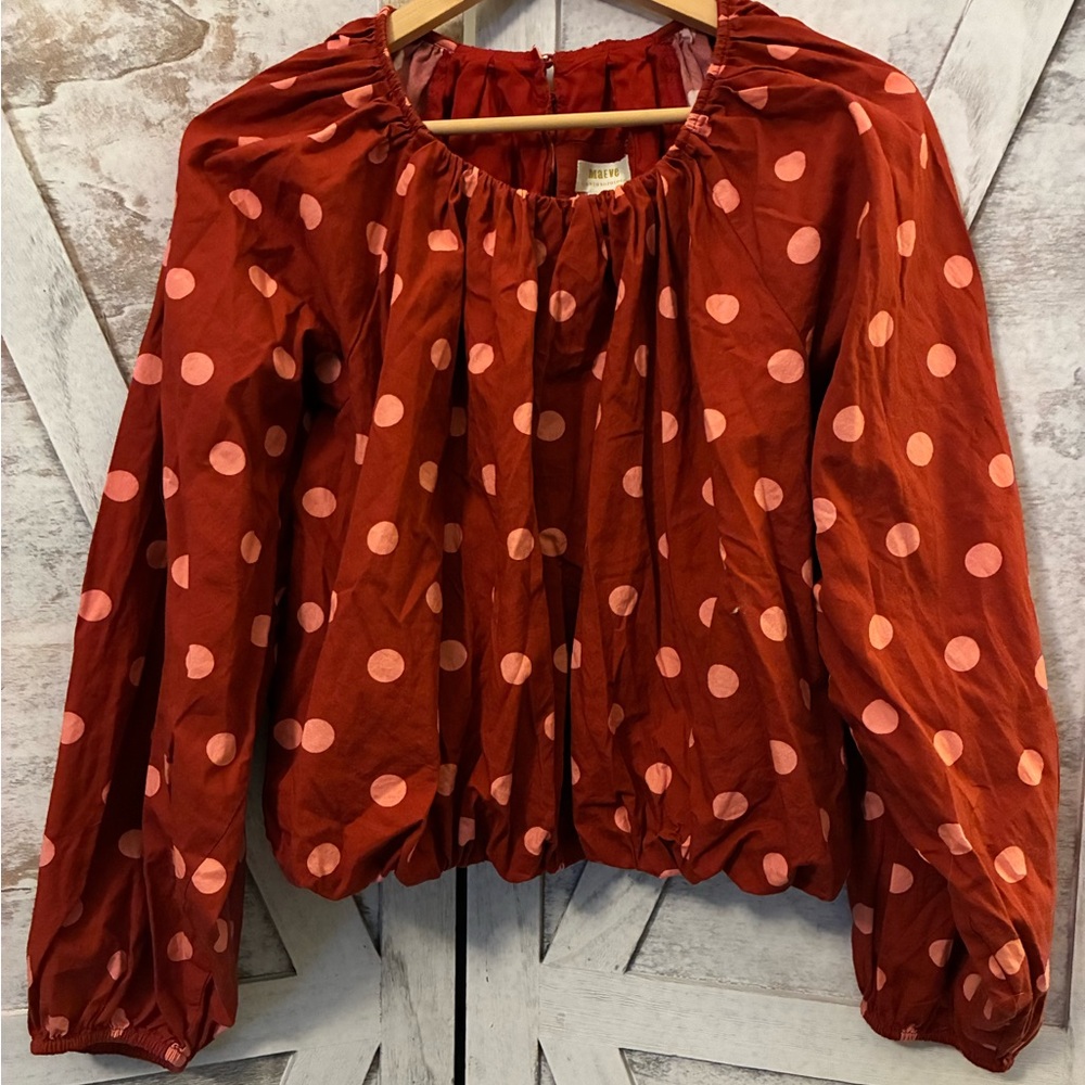 Anthropologie Red Blouse with Pink Polka Dots